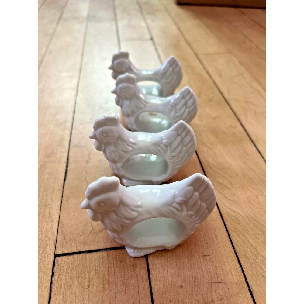 4 Rooster Chicken Napkin Ring Holders White Farmhouse Table Decor Dining